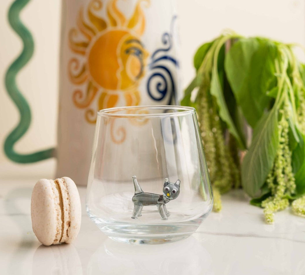 Tiny Animal Drinking Glass, Gray Cat