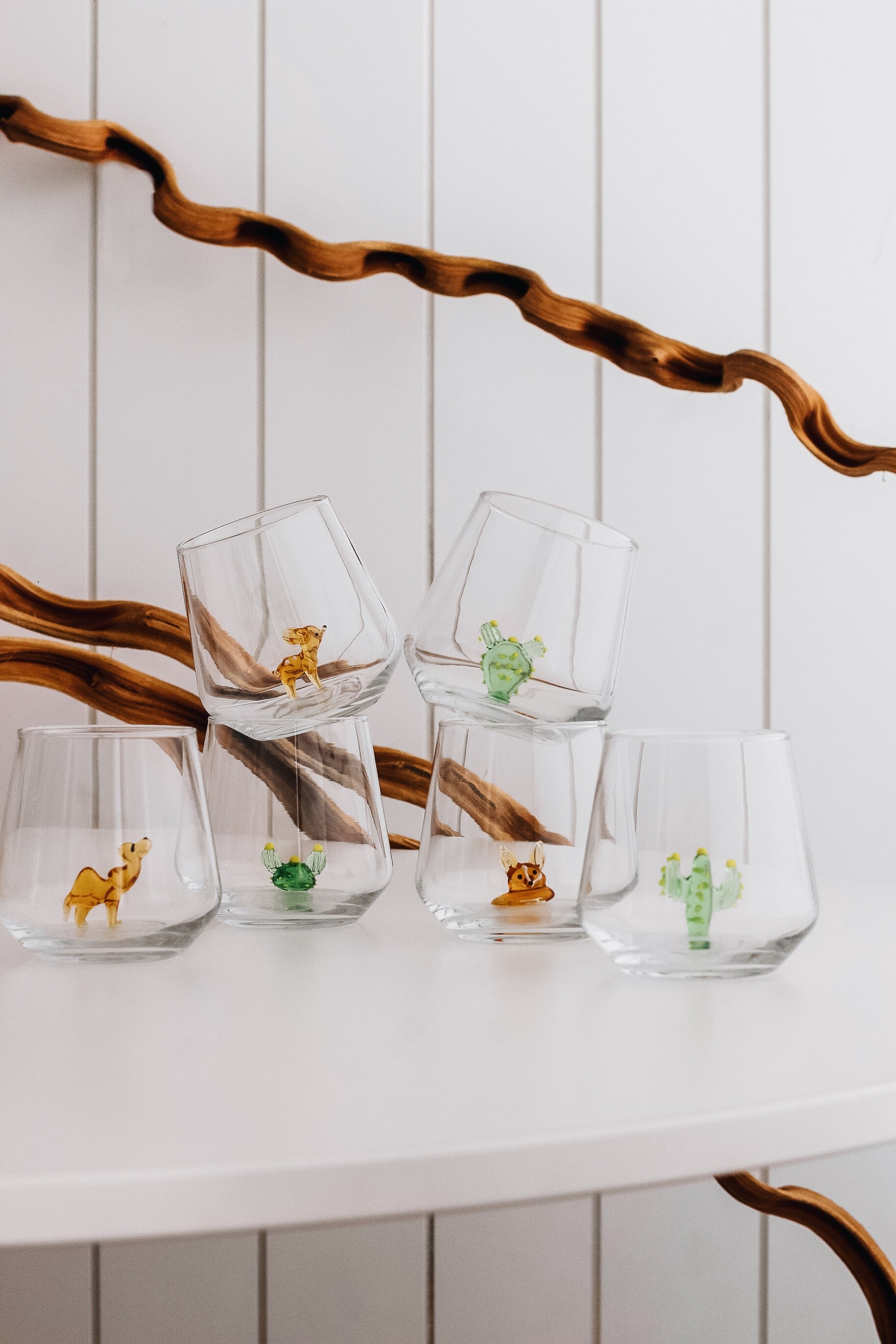 Desert Theme Drinking Glass Set of 6 with Handmade Animal Figures