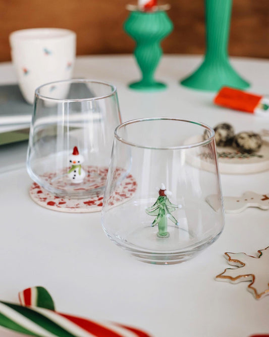 Drinking Glass Set of 2 with Christmas Tree and Snowman Figurines