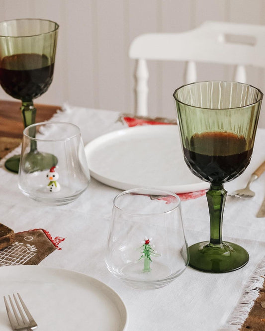Drinking Glass Set of 2 with Christmas Tree and Snowman Figurines