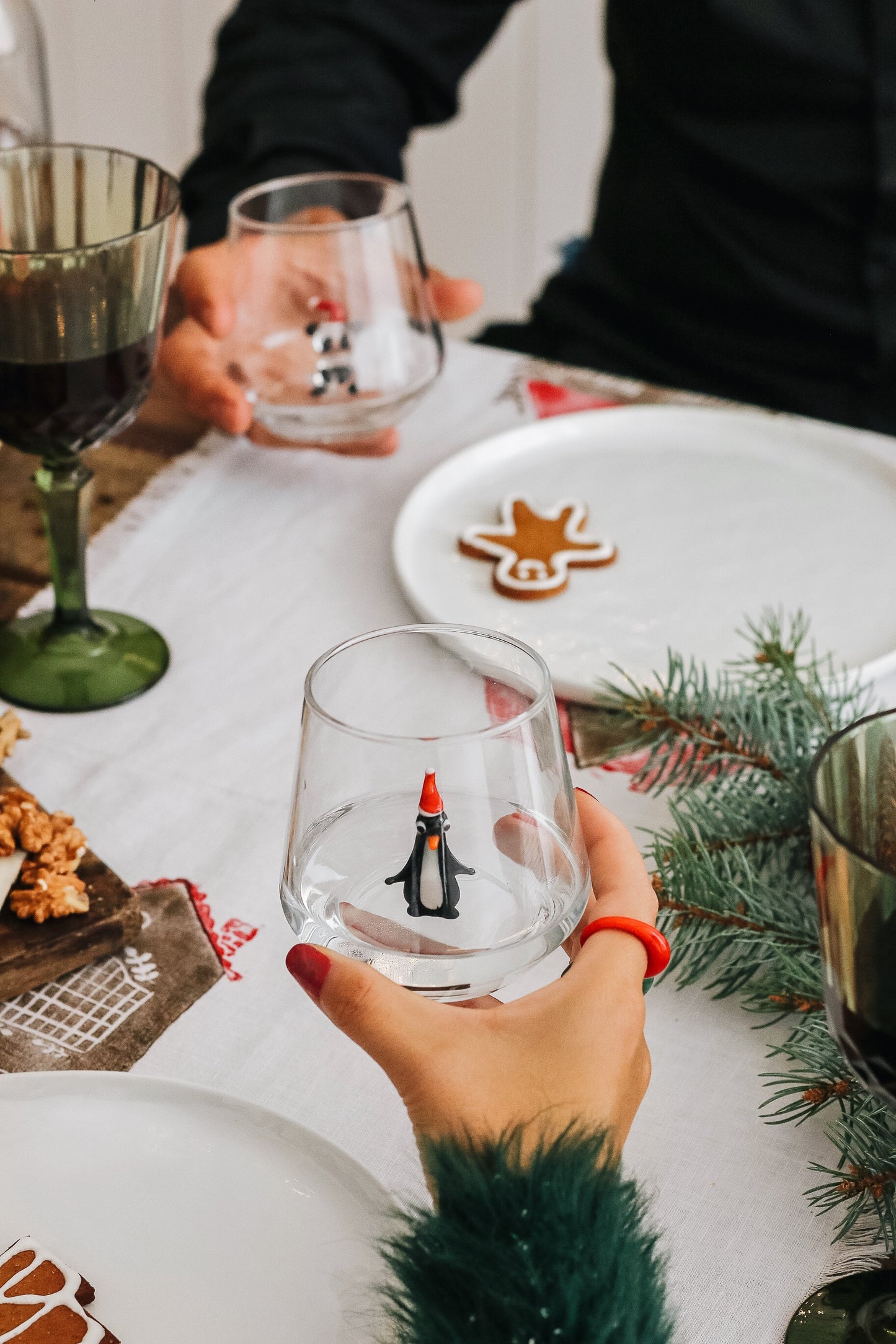 Drinking Glass Set of 2 with Penguin with Hat and Panda with Hat