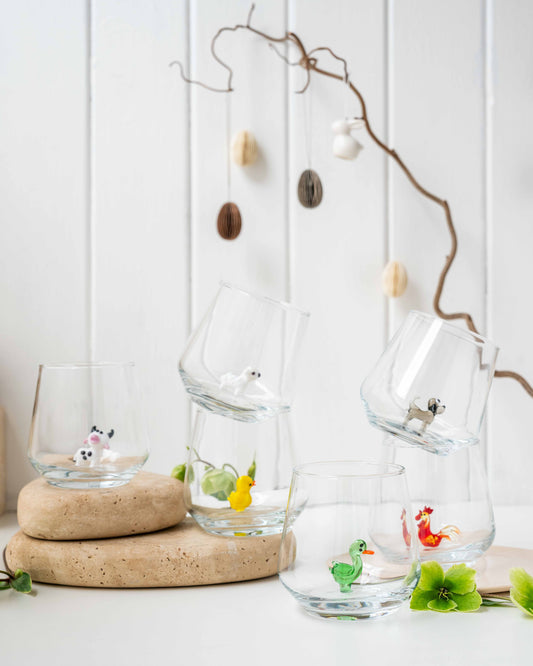 Farm Theme Drinking Glass Set of 6 with Handmade Animal Figures