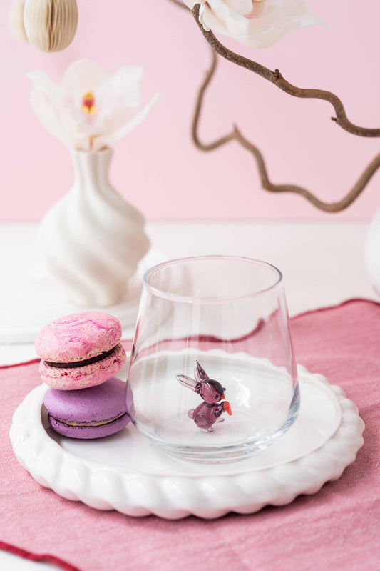 Tiny Animal Drinking Glass, Purple Bunny with Carrot