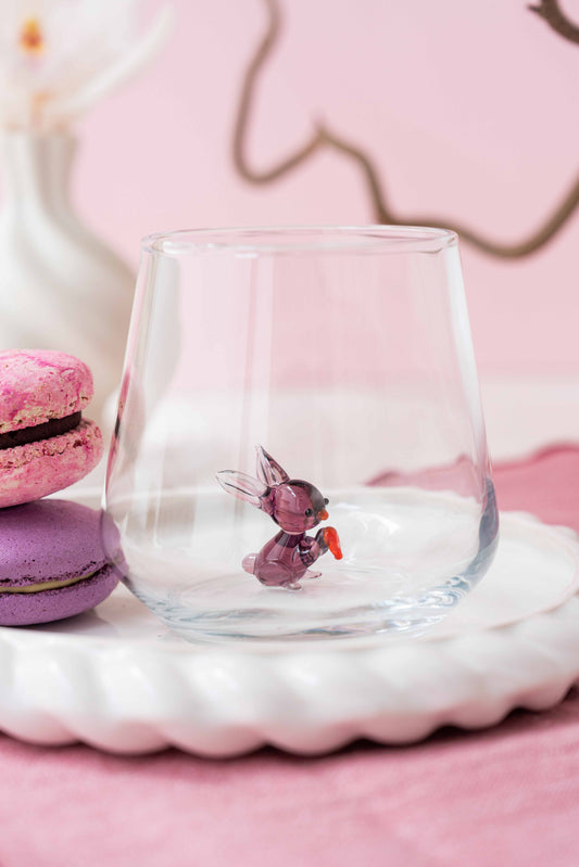 Tiny Animal Drinking Glass, Purple Bunny with Carrot