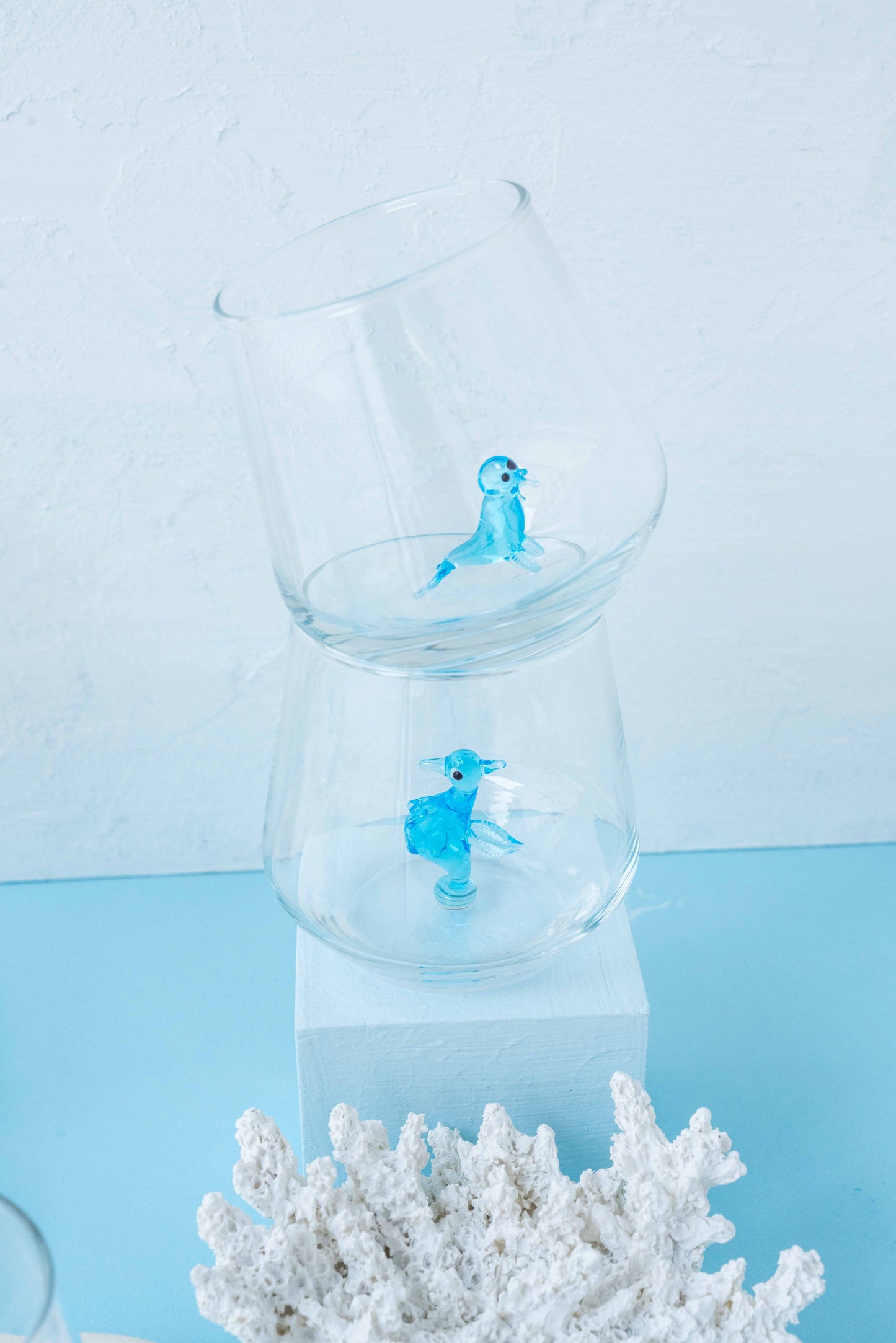Ocean Theme Drinking Glass Set of 6 with Handmade Animal Figures
