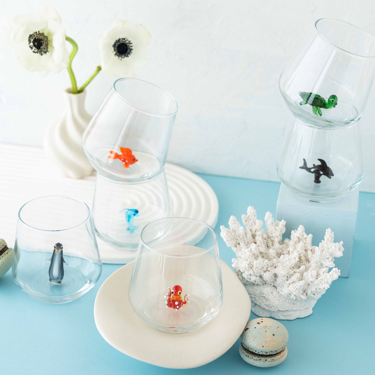 Ocean Theme Drinking Glass Set of 6 with Handmade Animal Figures