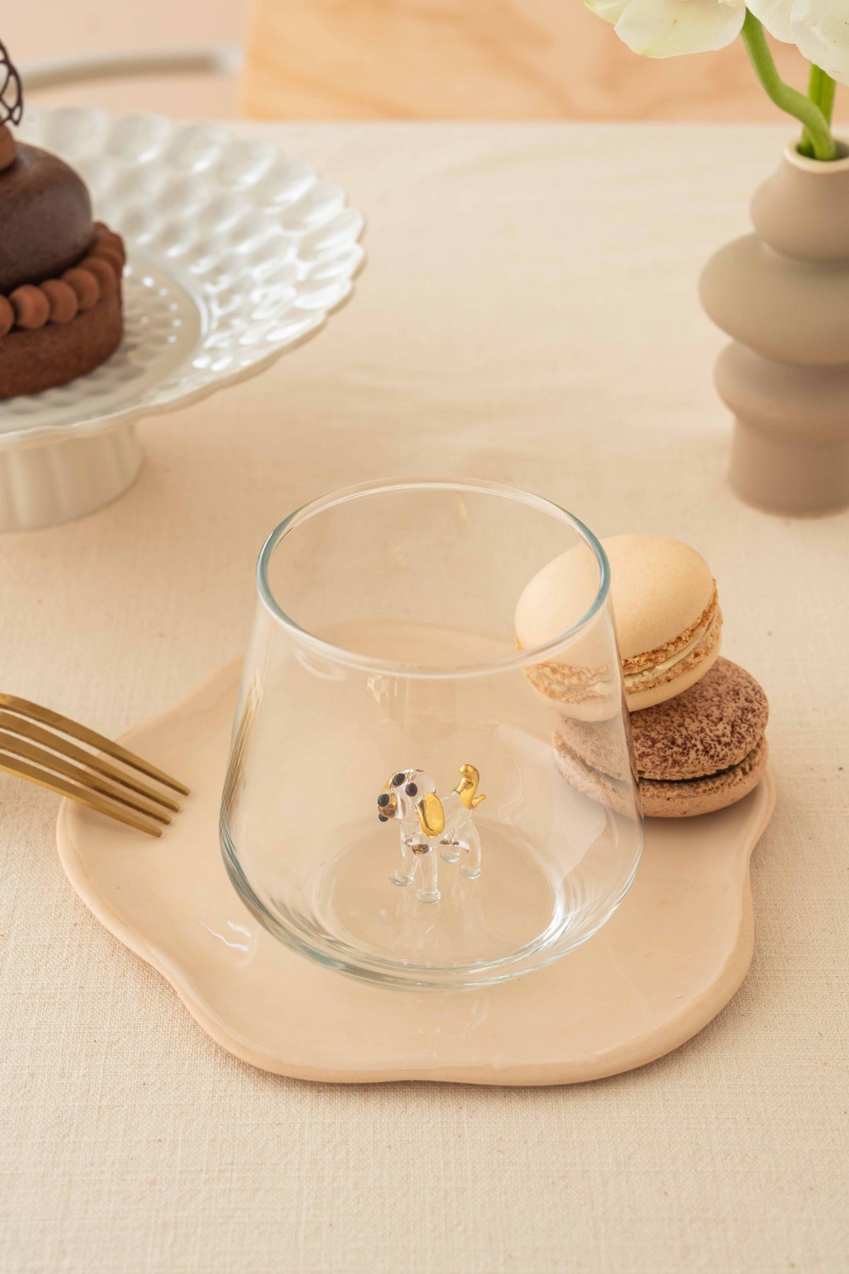 Dog Figurine Drinking Glass, Clear with Gold Details