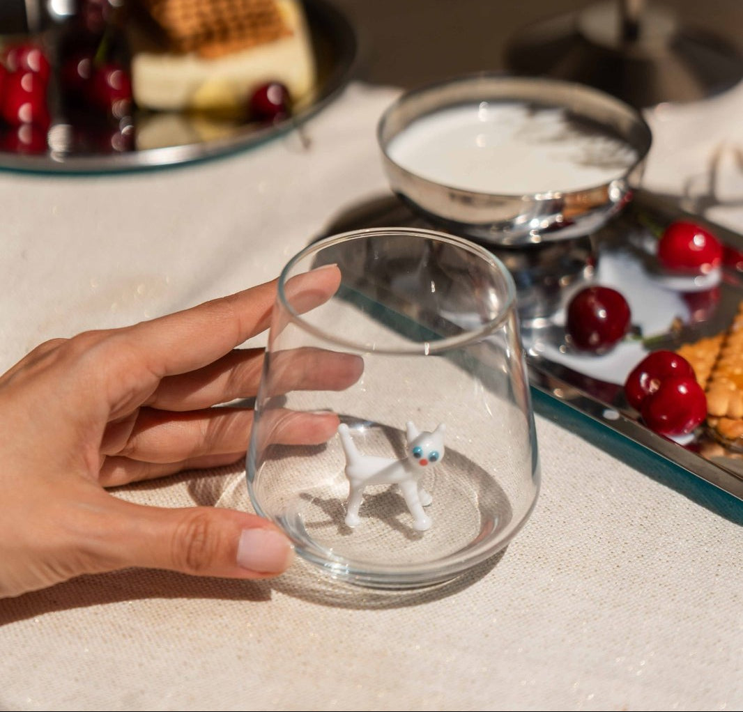 Tiny Animal Drinking Glass, White Cat