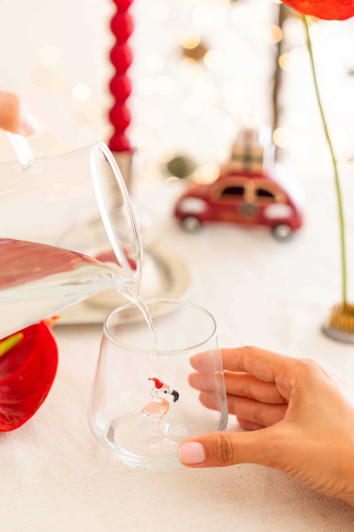 Tiny Animal Drinking Glass, Flamingo with Christmas Hat