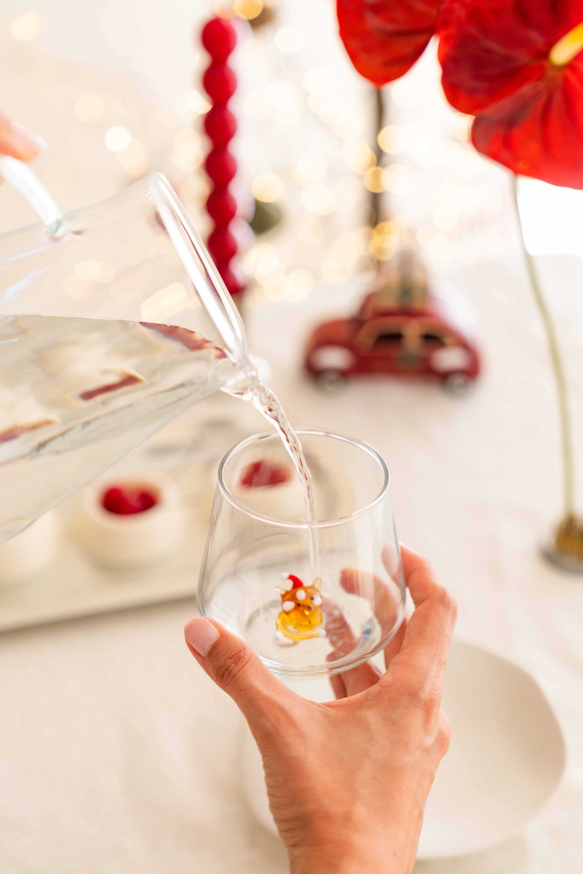 Tiny Animal Drinking Glass, Fox with Christmas Hat