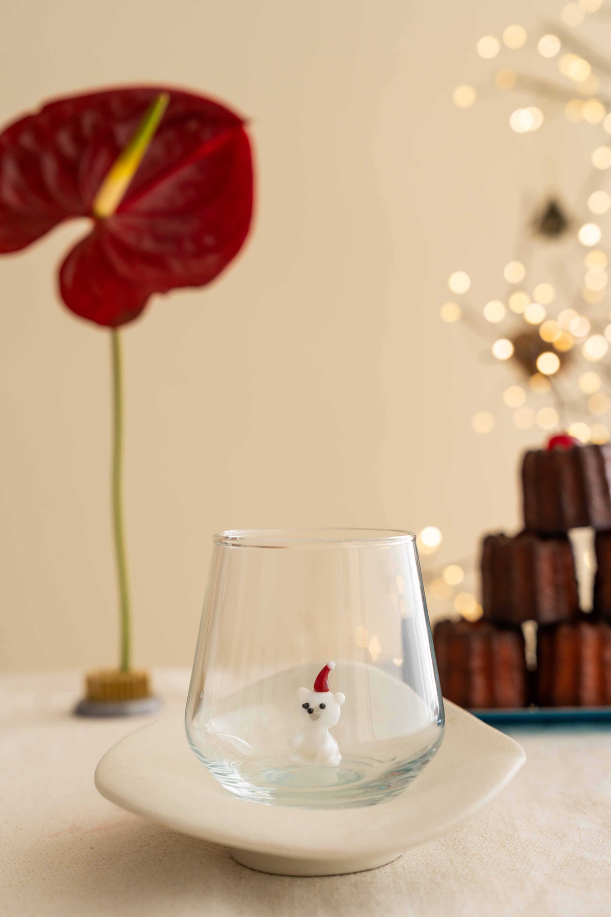 Tiny Animal Drinking Glass, Polar Bear with Christmas Hat