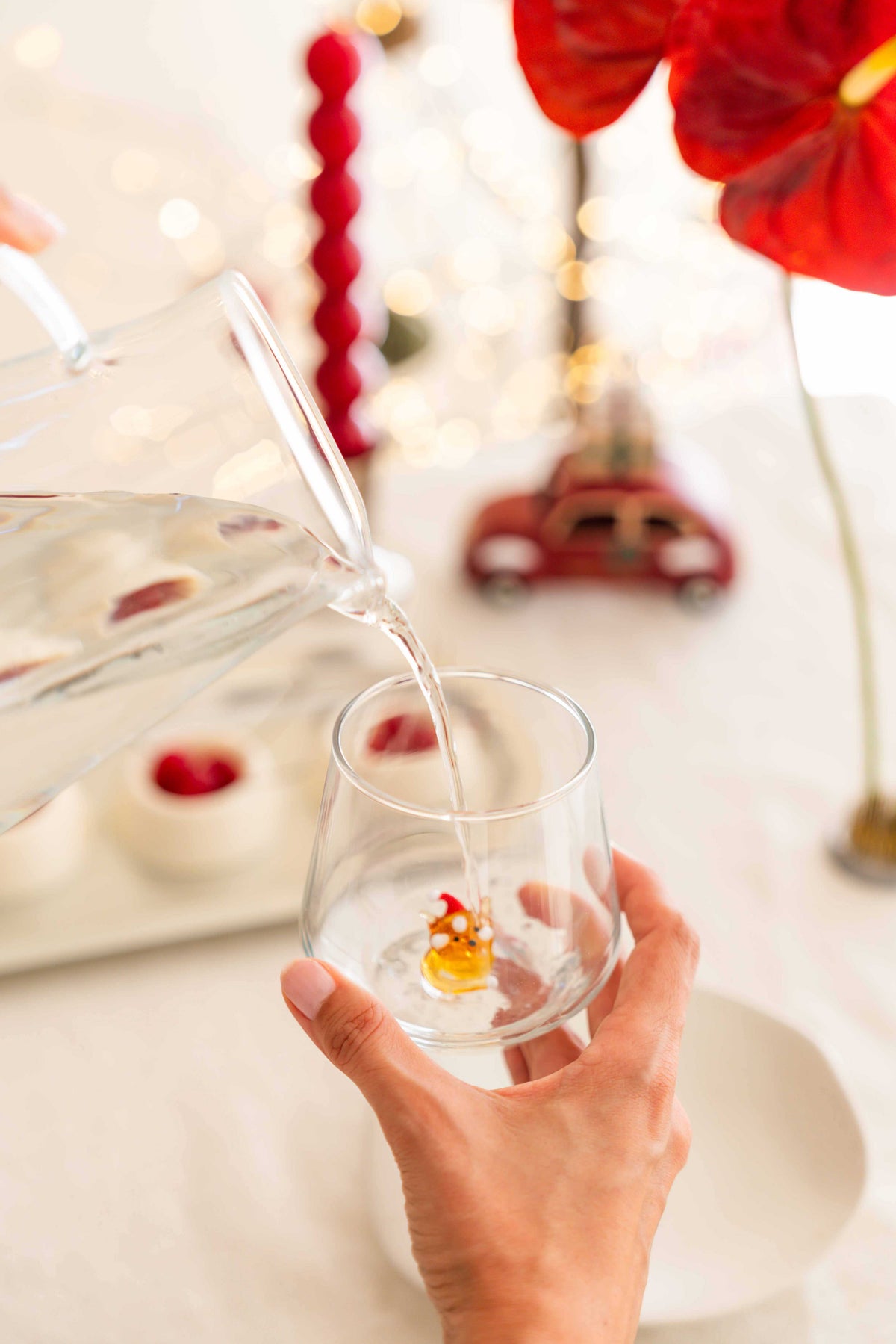 Tiny Animal Drinking Glass, Fox with Christmas Hat
