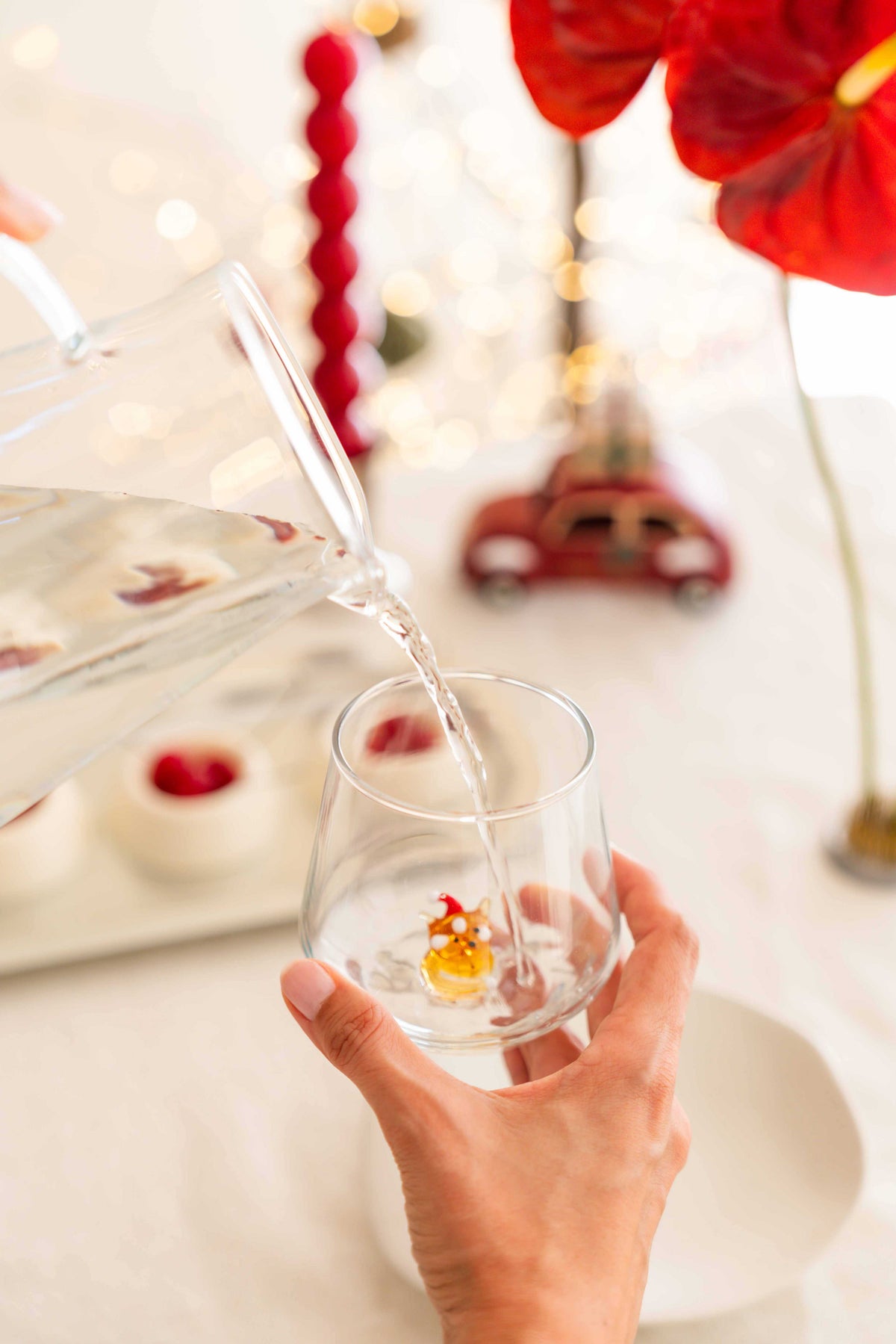Tiny Animal Drinking Glass, Fox with Christmas Hat