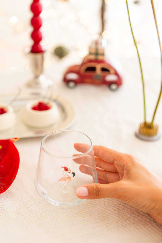 Tiny Animal Drinking Glass, Flamingo with Christmas Hat