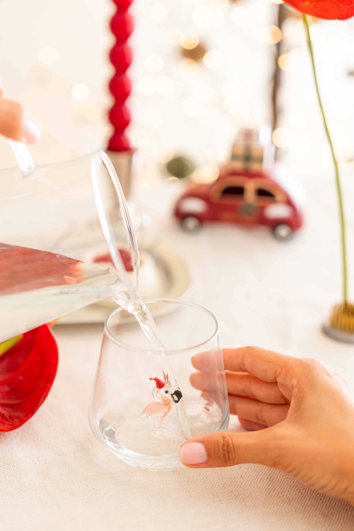 Tiny Animal Drinking Glass, Flamingo with Christmas Hat