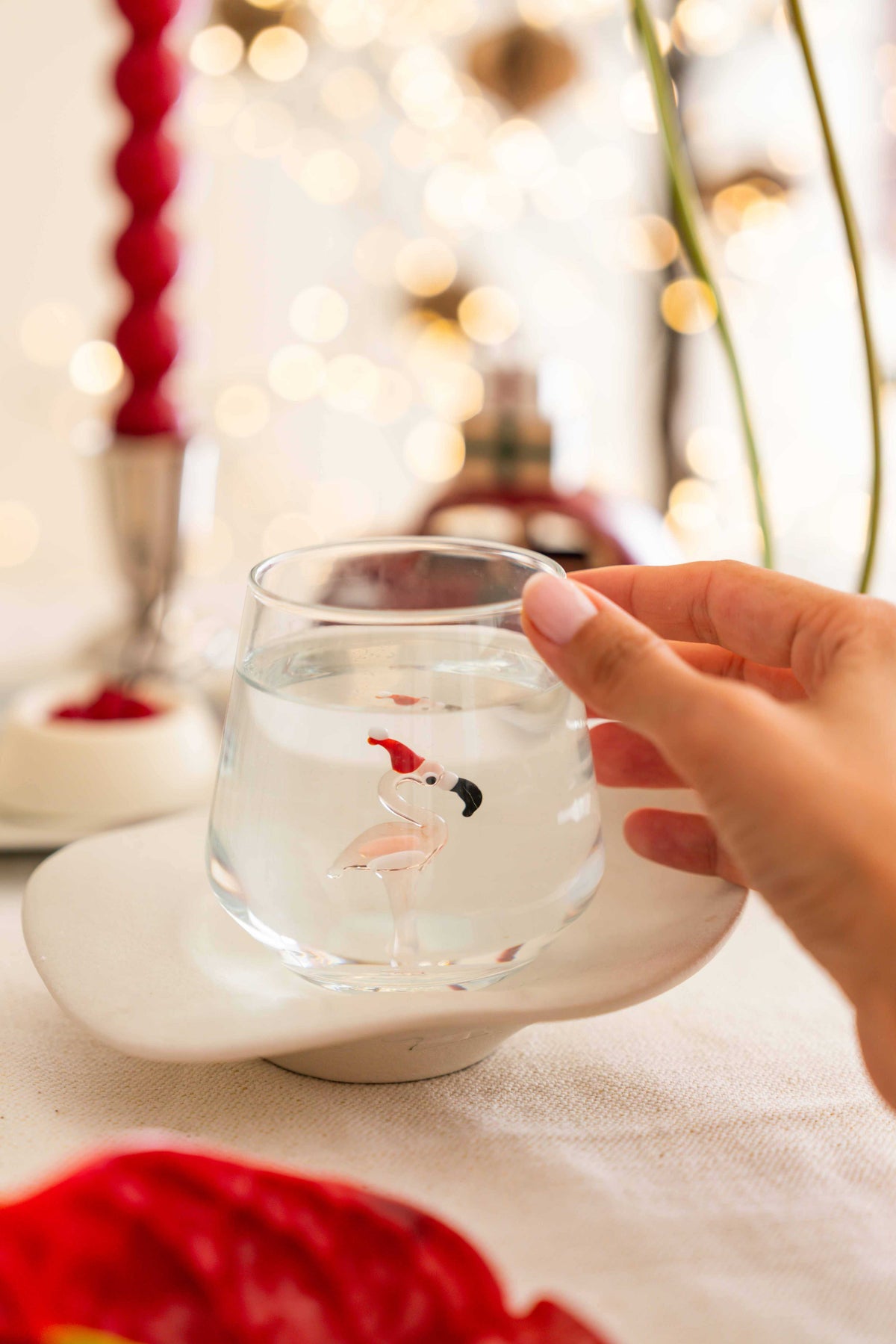 Tiny Animal Drinking Glass, Flamingo with Christmas Hat