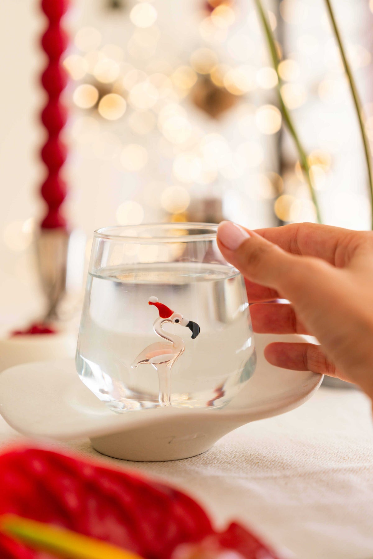 Tiny Animal Drinking Glass, Flamingo with Christmas Hat