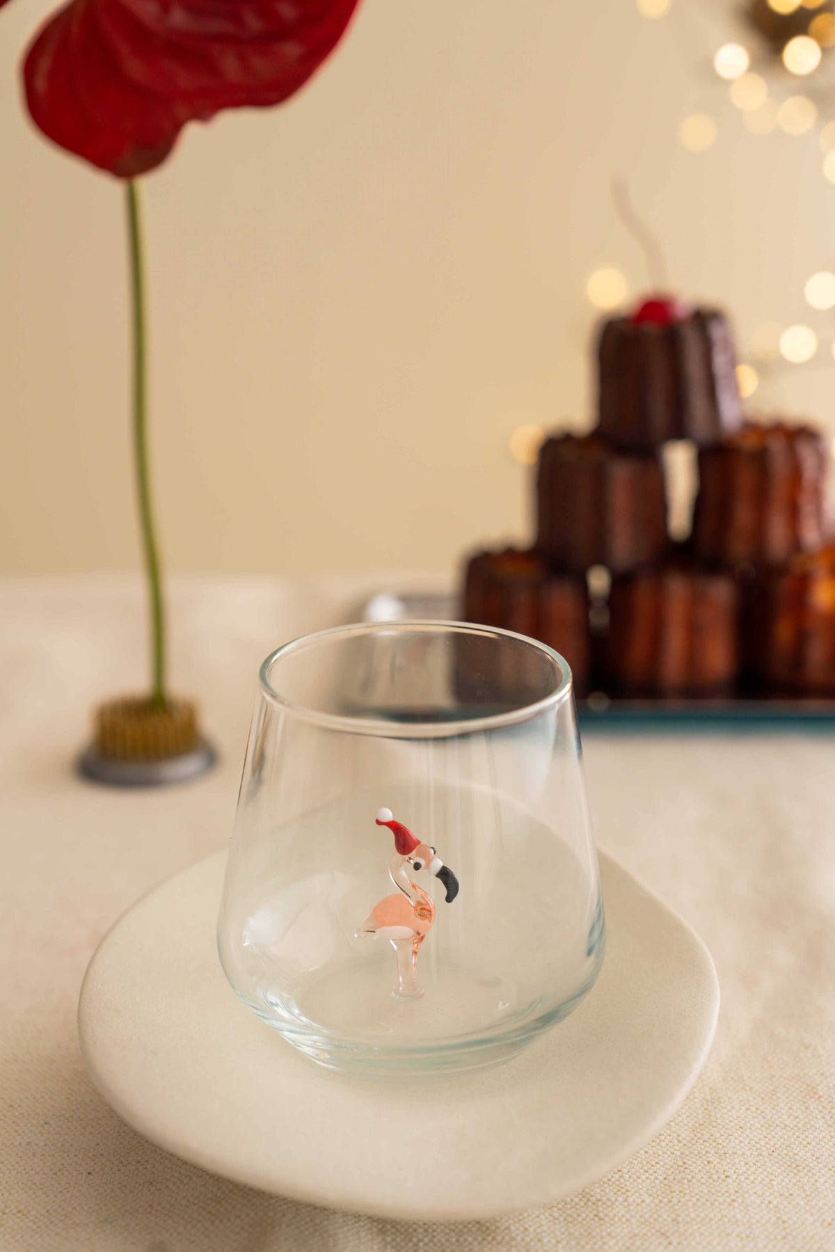 Tiny Animal Drinking Glass, Flamingo with Christmas Hat