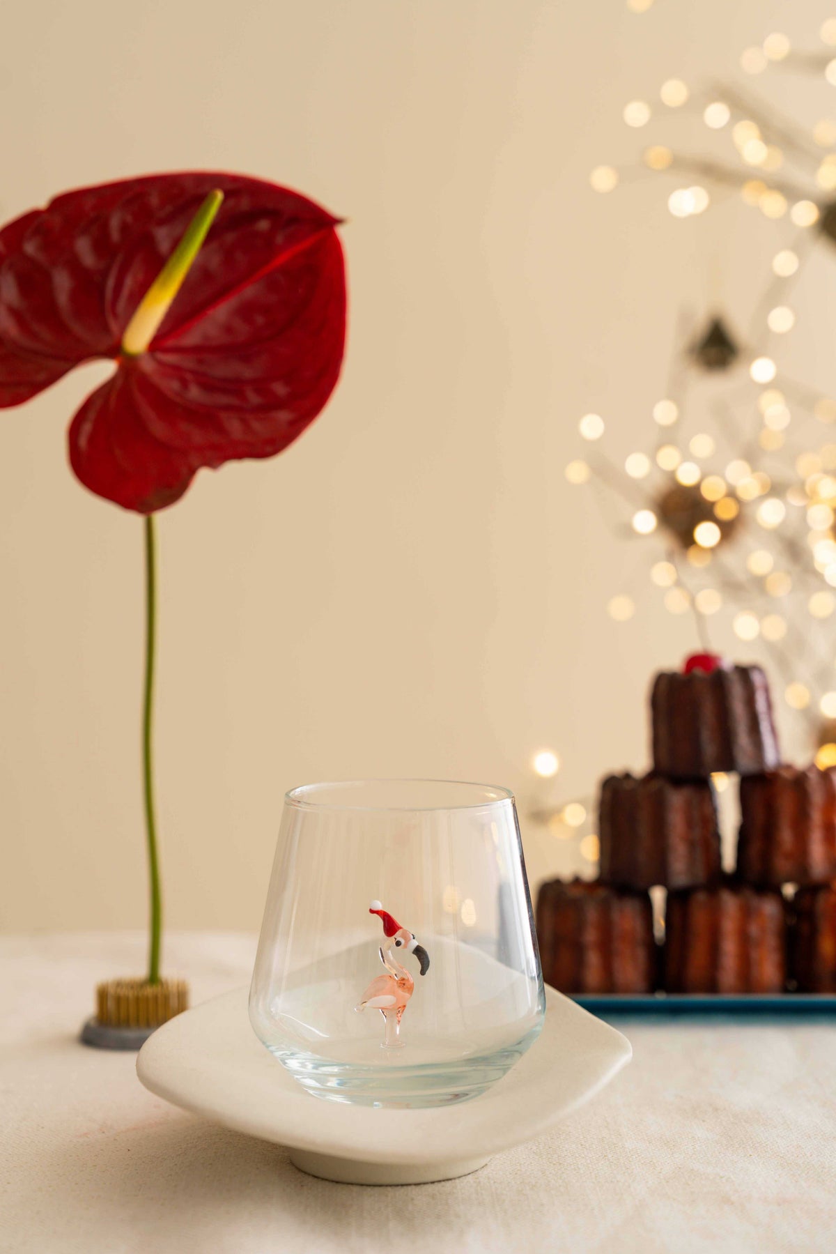 Tiny Animal Drinking Glass, Flamingo with Christmas Hat