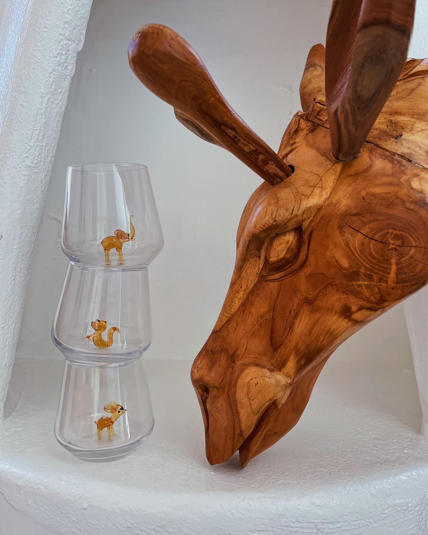 Drinking Glass Set of 3 with Elephant, Squirrel and Bambi Figurines