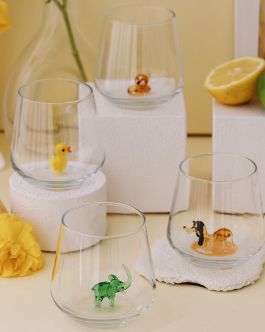 Yellow And Green Theme Drinking Glass Set of 6 with Handmade Animal Figures