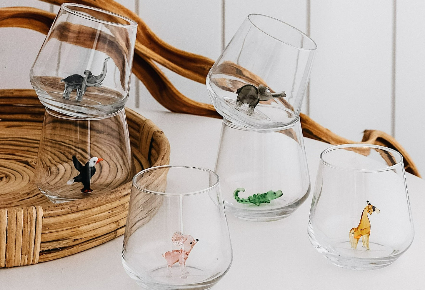 Mixed Drinking Glass Set of 6 with Handmade Animal Figures