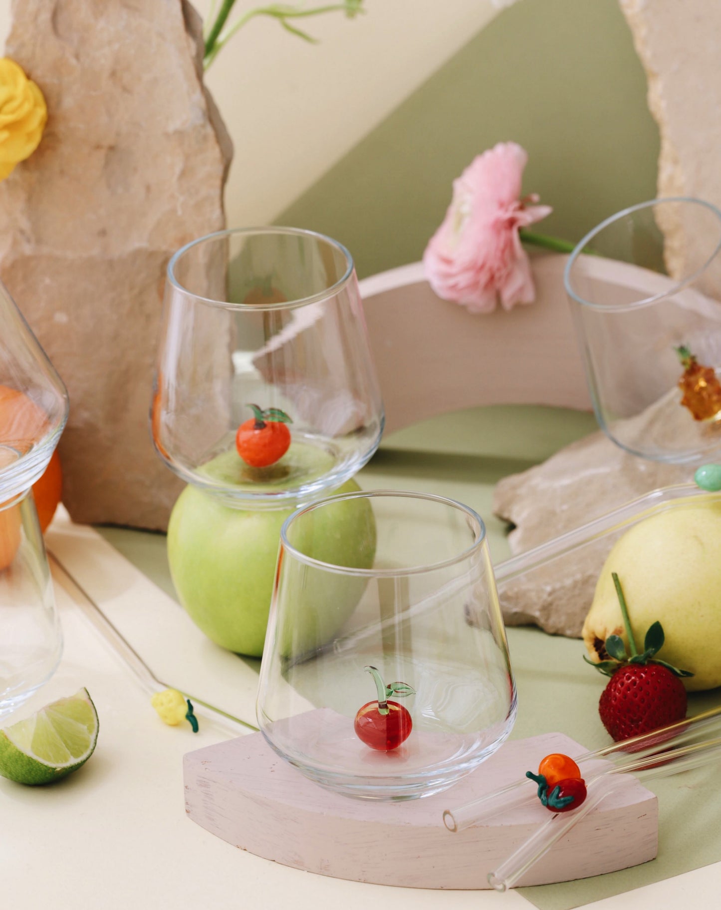 Fruit Theme Drinking Glass Set of 6 with Handmade Figures