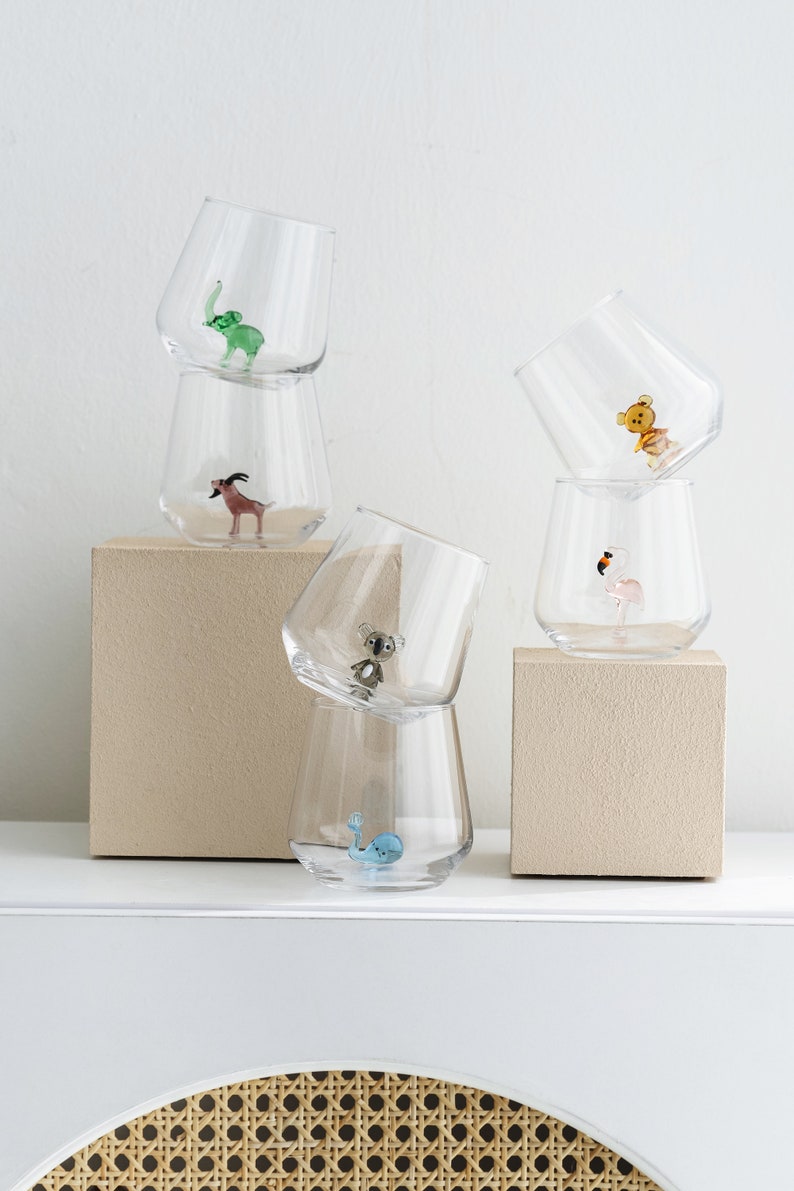 Our Planet (II) Theme Drinking Glass Set of 6 with Handmade Animal Fig