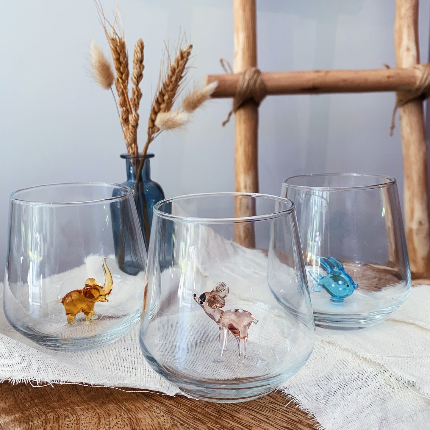 Farm Theme Drinking Glass Set of 6 with Handmade Animal Figures