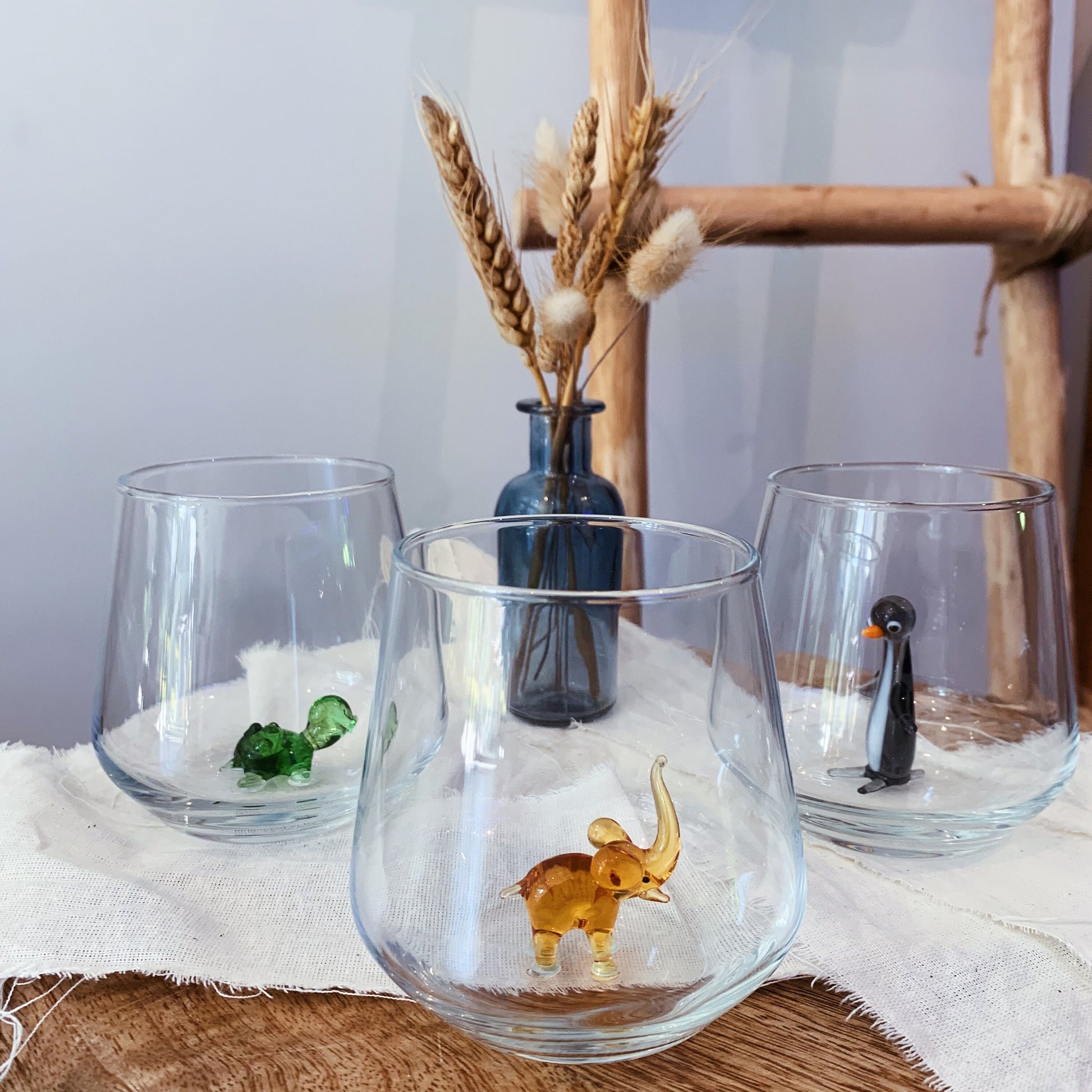 Water Drinking Glass Set of 2, Bambi and Rabbit Water Drinking Glasses,  Handmade Animal Figures, Glasswork, Glassware, Glass Animal, Bunny 