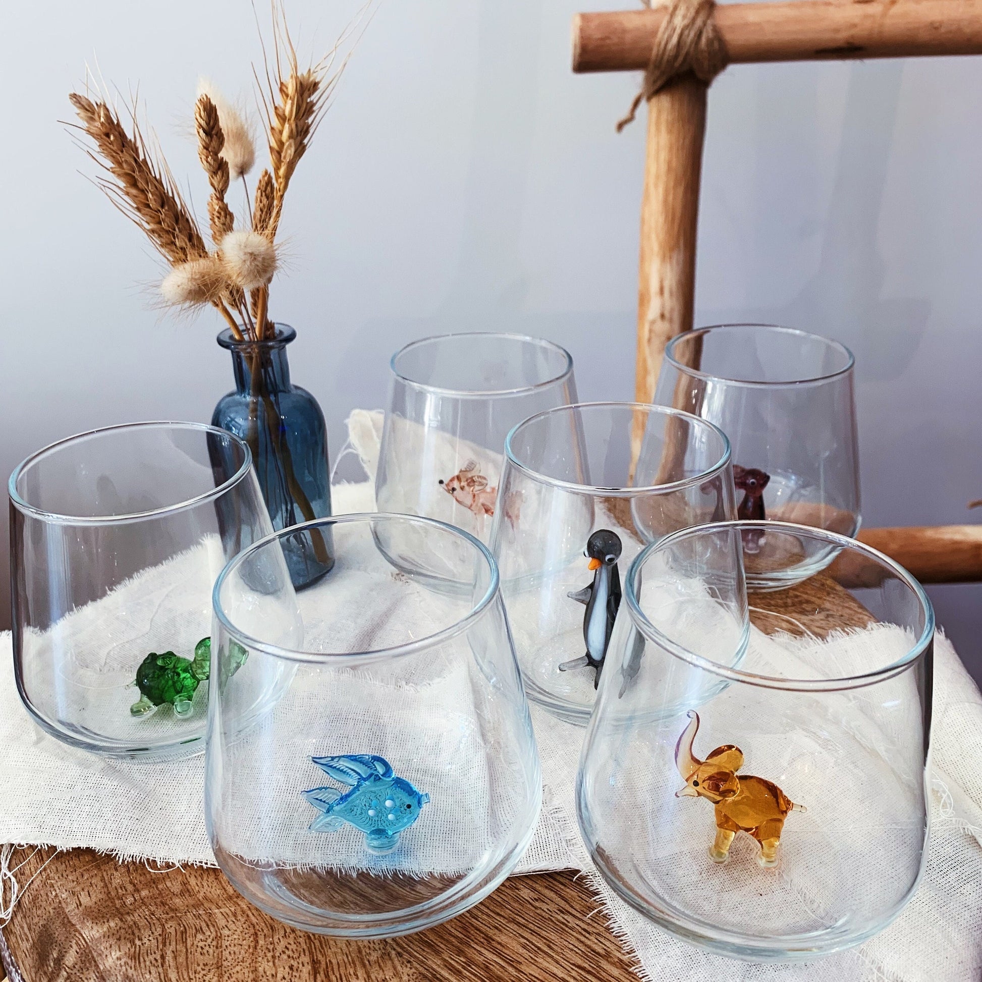 Safari Theme Drinking Glass Set of 6 with Handmade Animal Figures